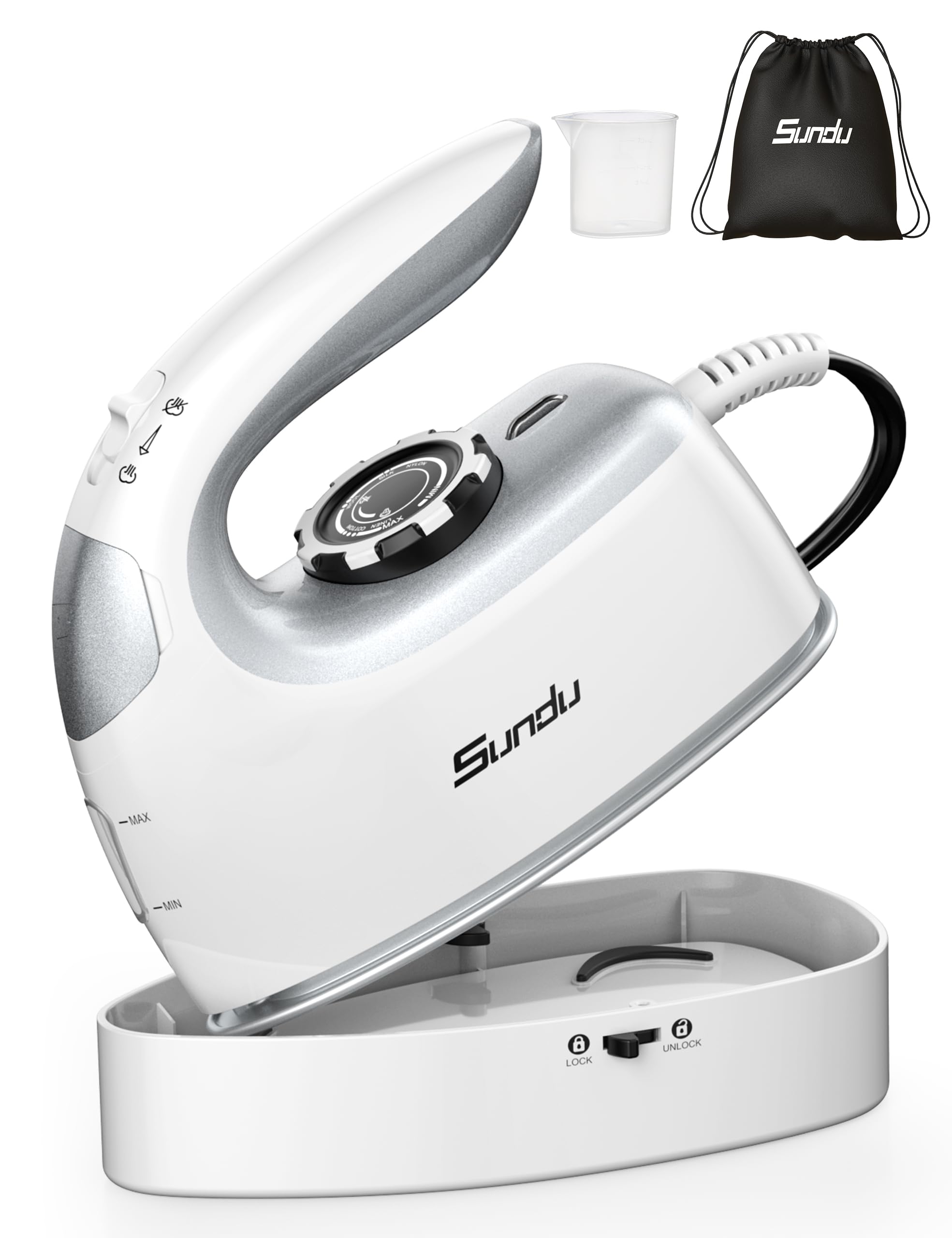 Sundu Mini Travel Steam Iron, 1000W Portable Small Iron with Non-Stick Plate, 300 Steam Holes, 90ml Tank, Safety Base &amp; Digital Temp Control for Quilting Sewing-Silver