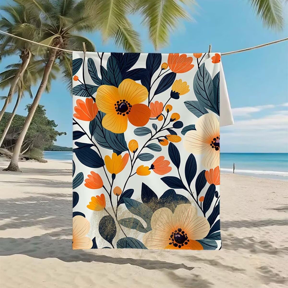 Telo Mare XXL 220x100cm/35x70cm, 2 Set Telo Mare Microfibra Fiore Asciugamano Palestra Uomo, Antisabbia, Leggero, Asciugatura Rapida, Teli da Spiaggia Grandi Accessori per Camping Natation Yoga A-9