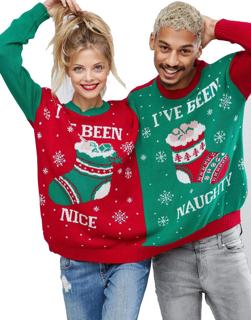 Red Olives Unisex Red - Naughty & Nice Ladies Mens Mr & Mrs Elf, Naughty & Nice Twin Christmas Jumper (, One Size)