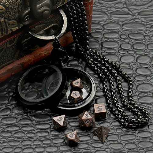 Miniatura 30 de PJOY Juego de dados pequeños DND con estuche de collar D20 hueco de bronce, llavero portátil de 7 piezas, llavero de bronce antiguo, juego de dados
