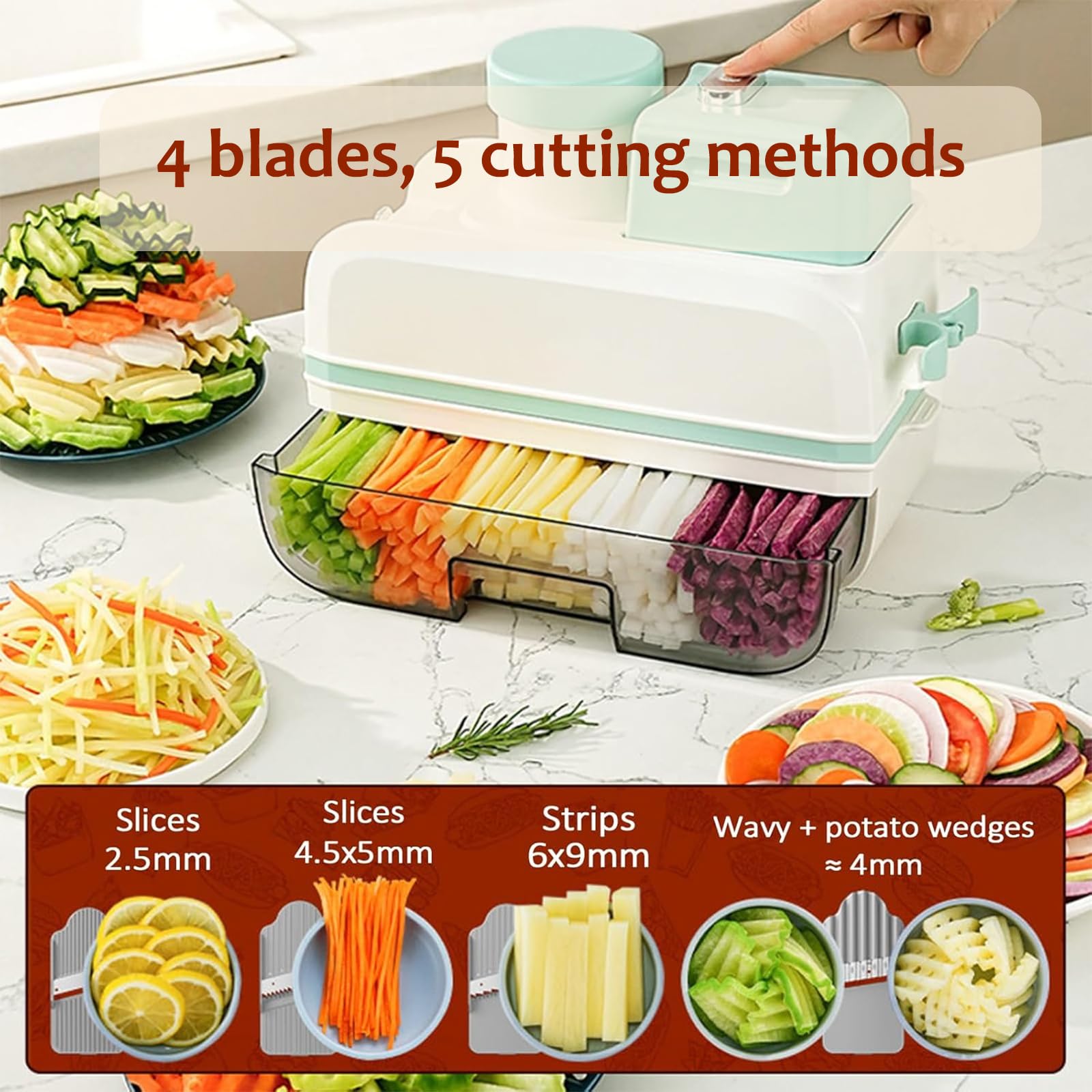 Affettatrice Elettrica per Verdure da 100 W, Robot da Cucina per Frutta E Verdura, con 4 Lame, Diametro di Ingresso di 8,5 Cm, Superficie di Taglio Liscia E Pulita, per Mense