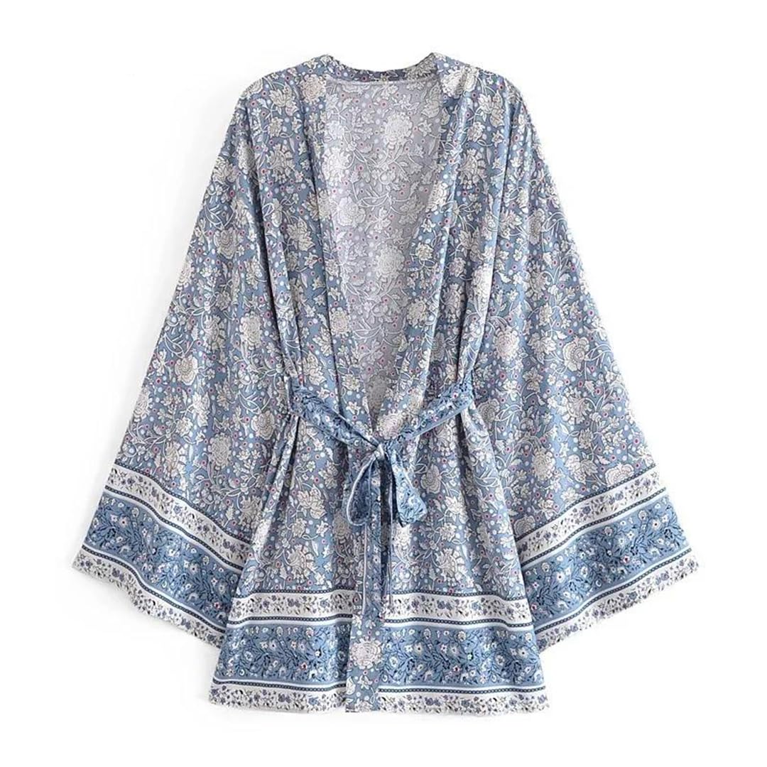Wjnvfioo Kimono da donna con stampa floreale, maniche a pipistrello, stile bohémien, con scollo a V