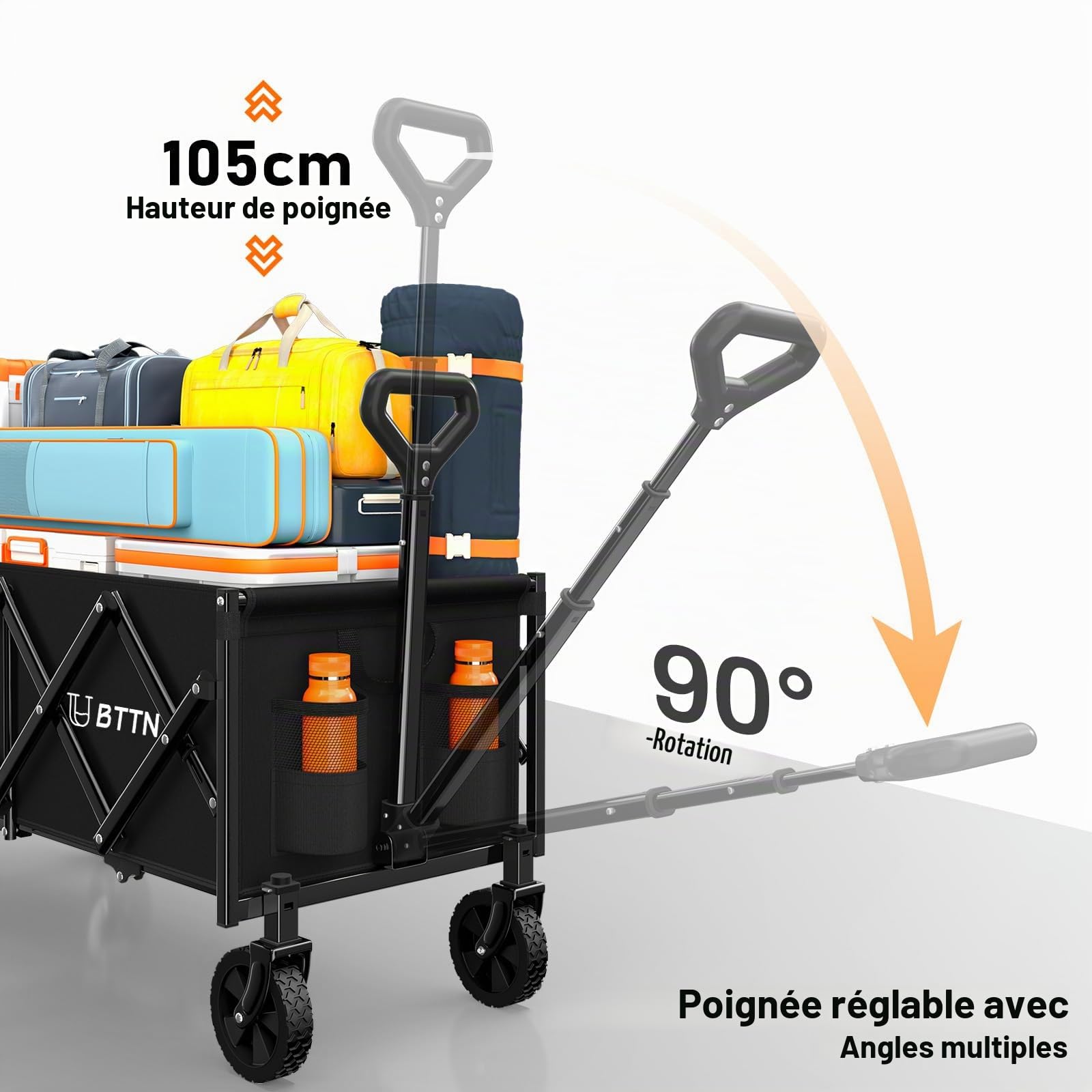 BTTN Chariot de transport pliable de 120 l - Charge maximale : 160 kg - Avec roues silencieuses - Pour jardin, camping, shopping et pique-nique - Chariot de transport pliable avec roues stables - Noir