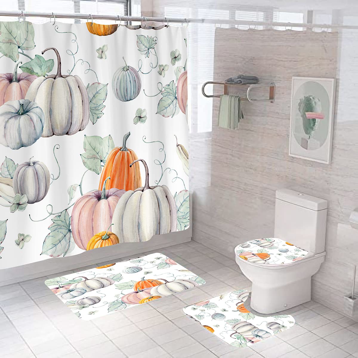 DDS-DUDESDDS-DUDES Fall Shower Curtain Set for Bathroom Watercolor Pumpkins for Thanksgiving Harvest Festival Decor Waterproof Polyester Fabric with Mat Hooks 71 x 71 Inches (Golden Corn)