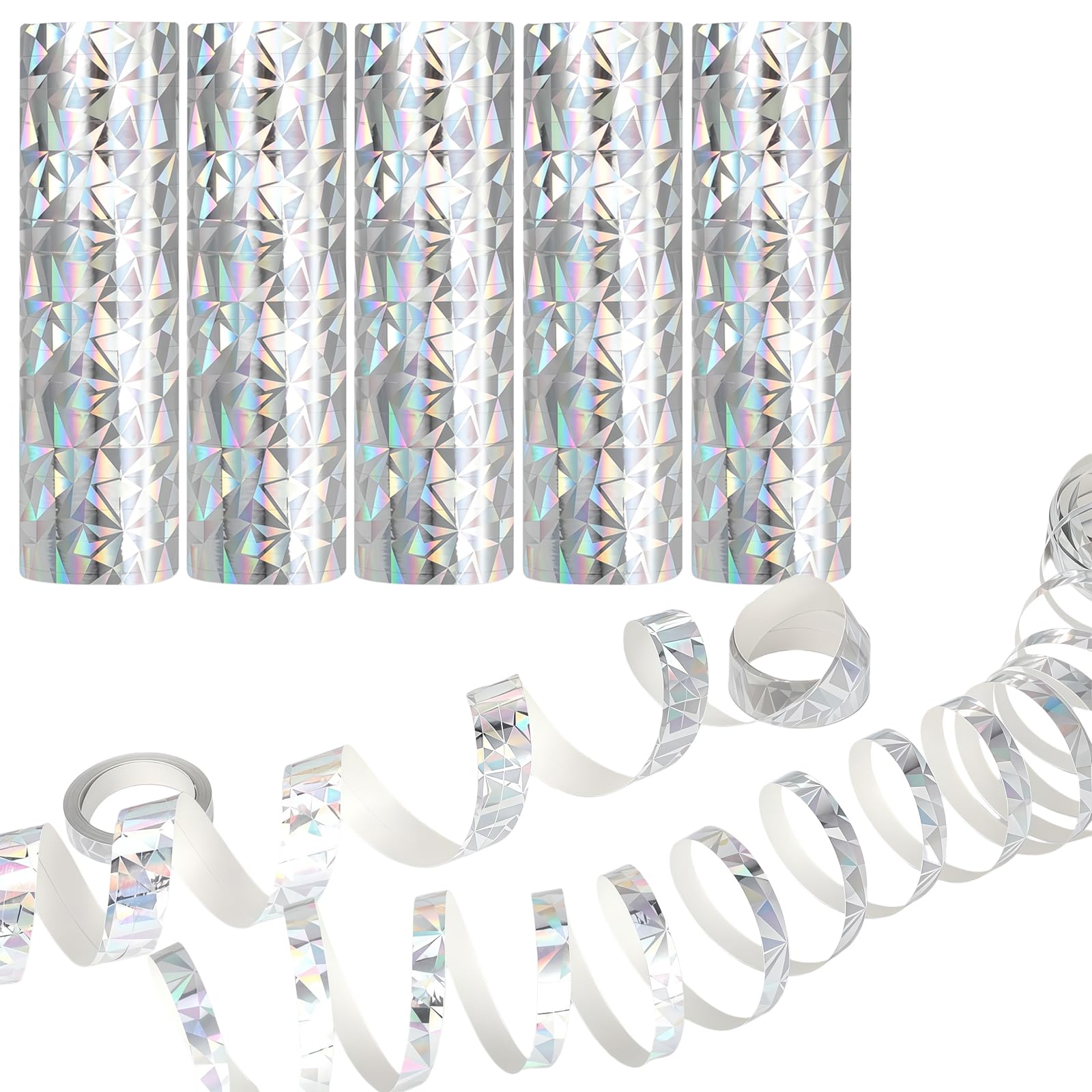 Streamers Metallic Silver Holographic, 5 Rolls Foil Streamers Glitter Party Decoration for Birthday, New Year's Eve, Wedding, Carnival, Children's Birthday Party