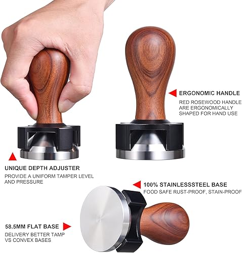 Miniatura 2 de Manipulación calibrada espresso de 2.303 in, manipulación de café calibrada con pavimento con ajustador de profundidad, base plana de acero