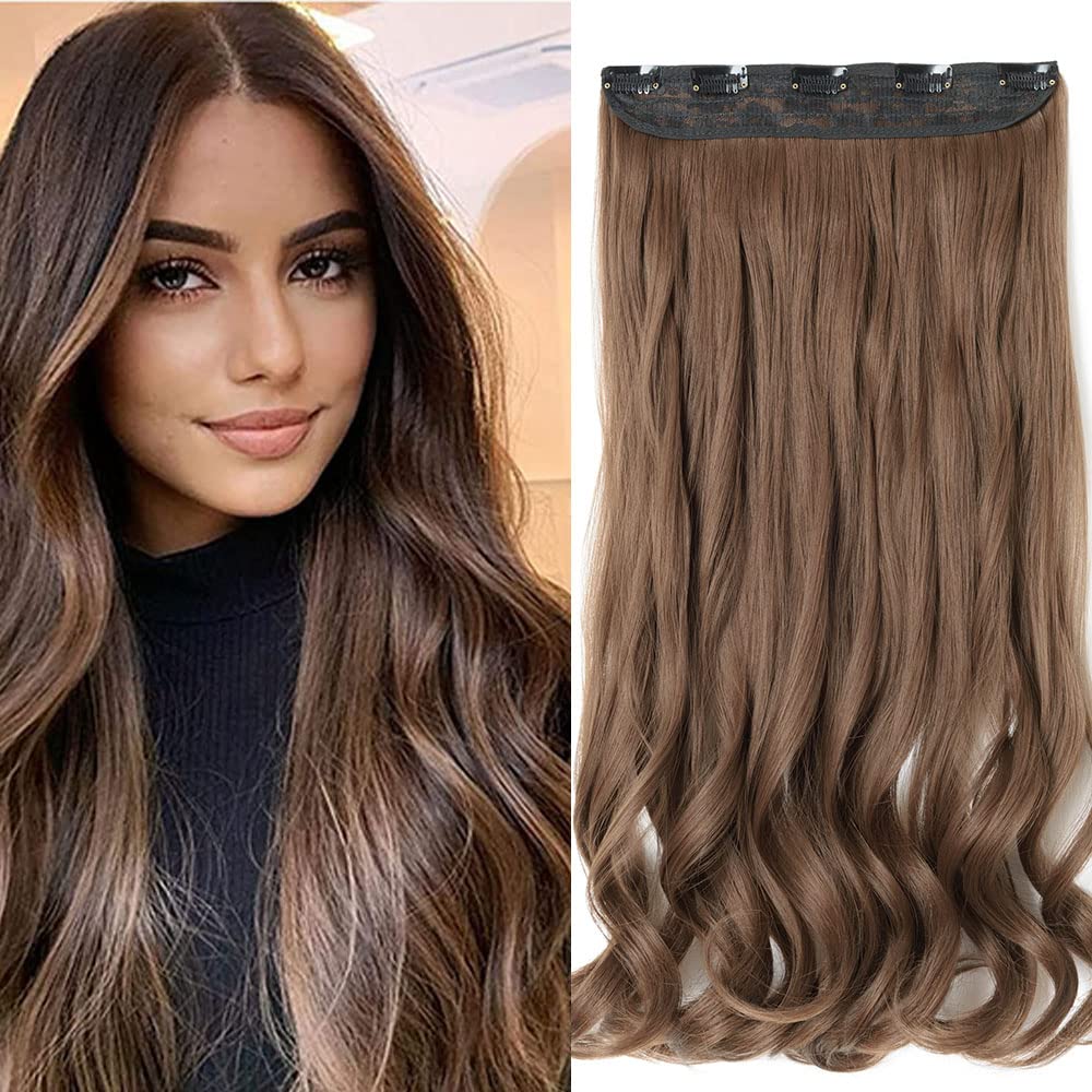 60cm SEGO Extensiones de Clip de Una Pieza con 5 Clips Pelo Sintético Se Ve Natural Rizado Ondulado Cabello Invisible (Castaño Claro,120g)