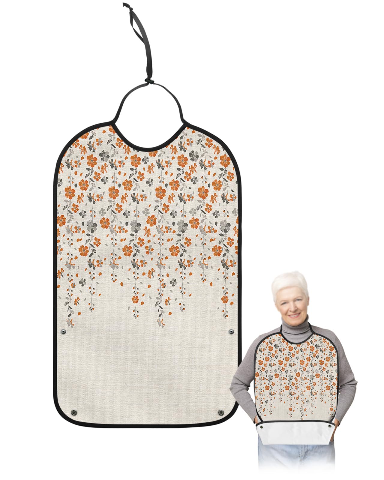 Kewadony Adult Bibs for Elderly Women - Burnt Orange Grey Florals Waterproof Dining Clothing Protectors with Crumb Catcher for Eating/Feeding, Spring Weeping Flowers Linen Texture Terry Cloth Bib