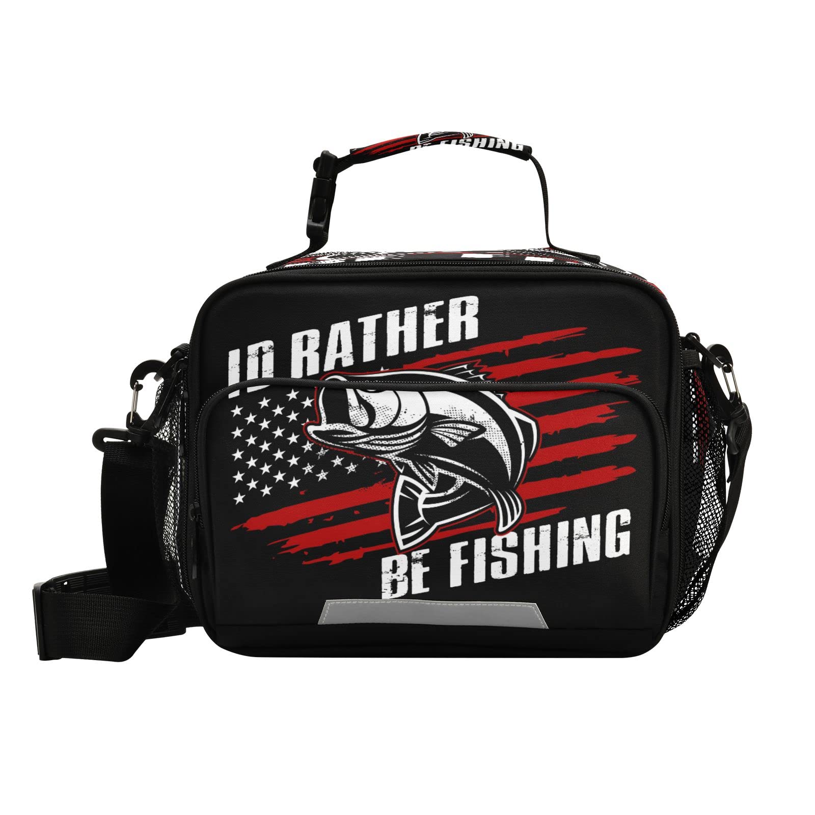 Bass Fish Lunch Bags for Boys Men American Flag Lunch Box Insulated Thermal Cooler Bag Reusable Organizer Tote Lunch Bag with Adjustable Shoulder Strap for Work Picnic Beach Sporting