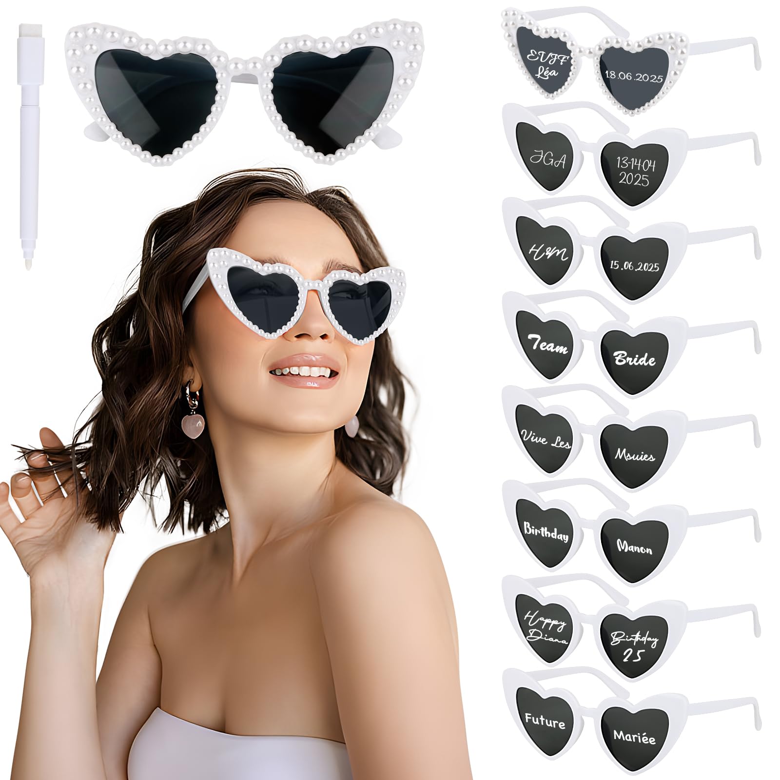 Set De 6 Paires Lunettes Cœur Rose Et 6 Foulards Carrés - Pour Fêtes, Mariage, EVJF, Déguisement - 6