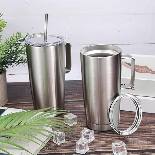 Miniatura 5 de Uiifan 8 vasos aislados al vacío de 20 onzas con asa, tazas de café de acero inoxidable con tapa y pajita, vaso delgado, reutilizable, portátil,