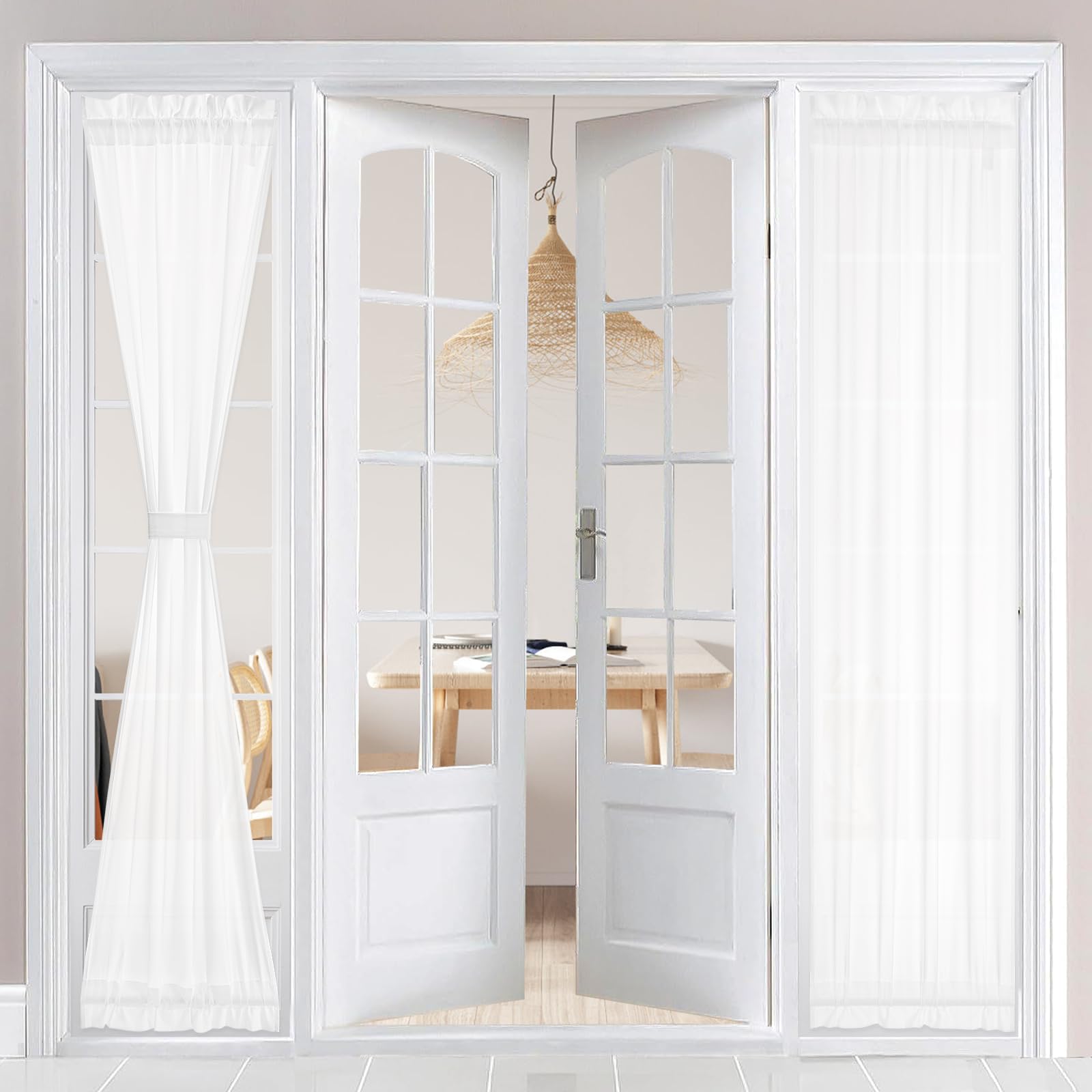 Photo 1 of HOMEIDEAS Non-See-Through French Door Curtains Set of 2 for Front Door, Light Filtering Privacy Semi Sheer Window Curtains with Rod Pocket and Tie Back, White, 26W X 80L Inch