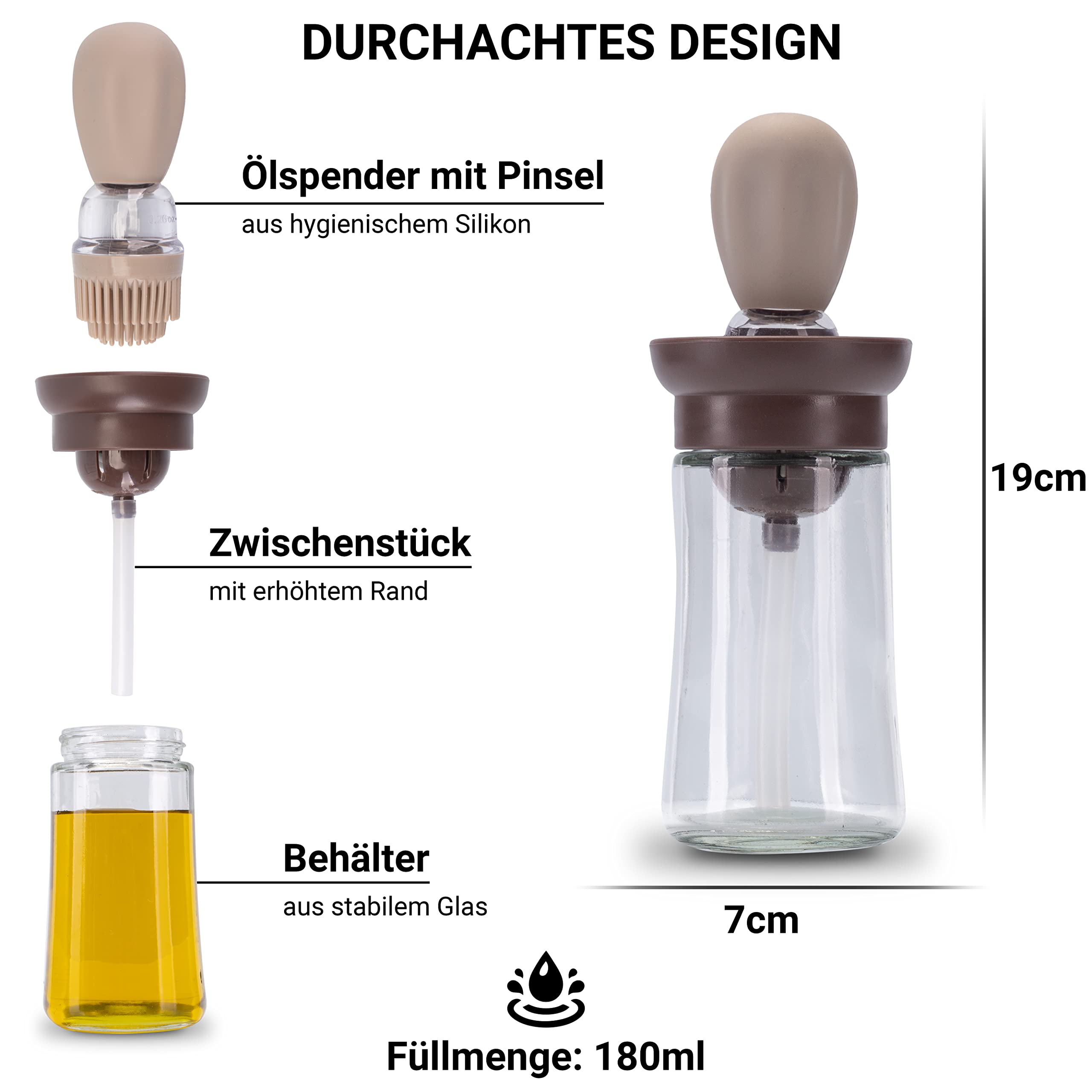 Fino Casa 2in1 Ölflasche Mit Silikonpinsel 180ml - Backen Grillen Kochen