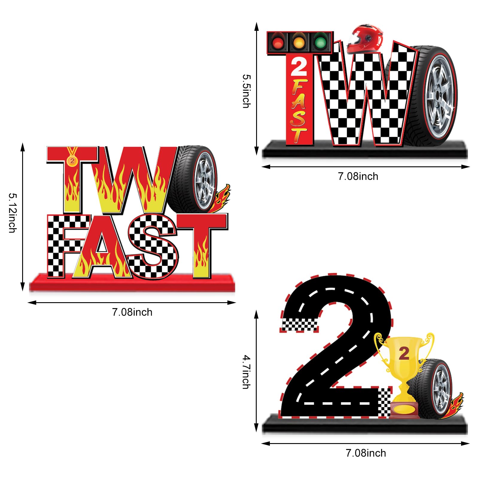 3PCS Race Car Two Fast Birthday Wooden Table Centerpieces for Baby Boys, Racing Car Themed Happy 2nd Birthday Table Sign Party Supplies, 2 Year Old Let's Go Racing Table Decor for Indoor Outdoor