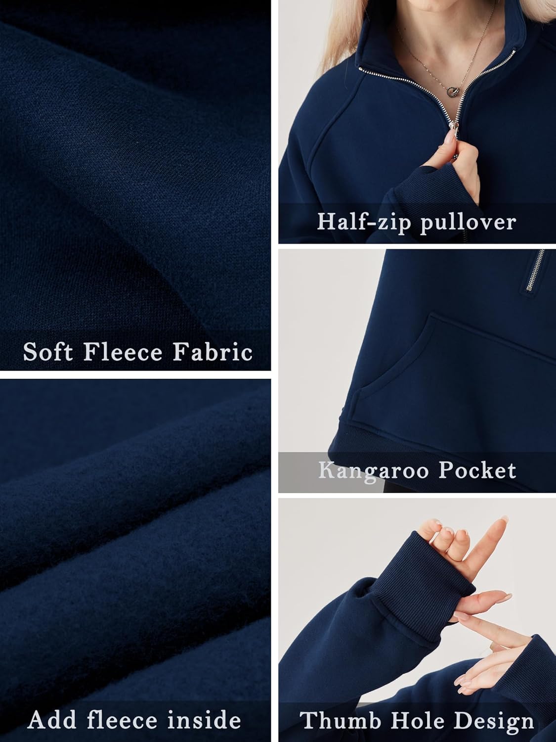 Elesomo Womens Quarter Zip Pullover Sweatshirts Casual Long Sleeve Fleece Hoodies Tops with Thumb Holes - Image 5