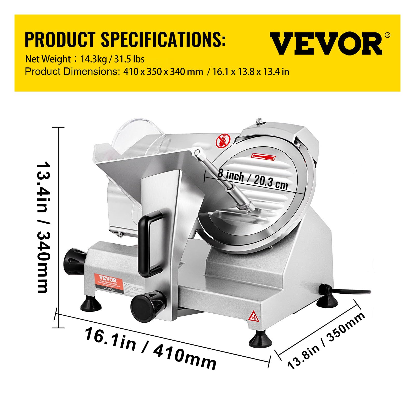 VEVOR Trancheuse Électrique Commerciale 200 W Trancheuse à Jambon Lame 203 mm 350-400 tr/min Trancheuse Charcuterie en Acier Inoxydable et Alu pour Couper en Tranches Viande Fromage Légumes Fruits