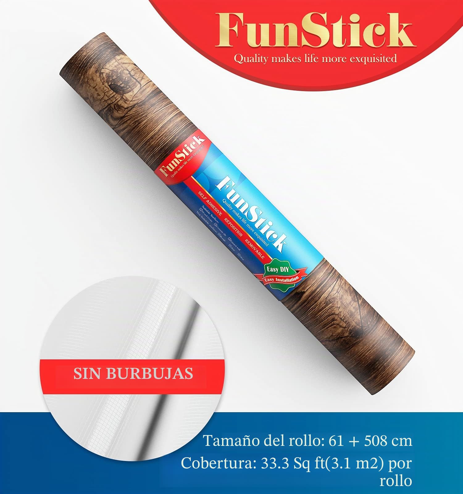 FunStick Papel Adhesivo Madera para Muebles 60CM x 5M Papel Pintado de Cocina Vinilo Película Autoadhesiva Marrón Papel de Contacto de Grano de Madera Papel Pared para Cajón Gabinete Encimera