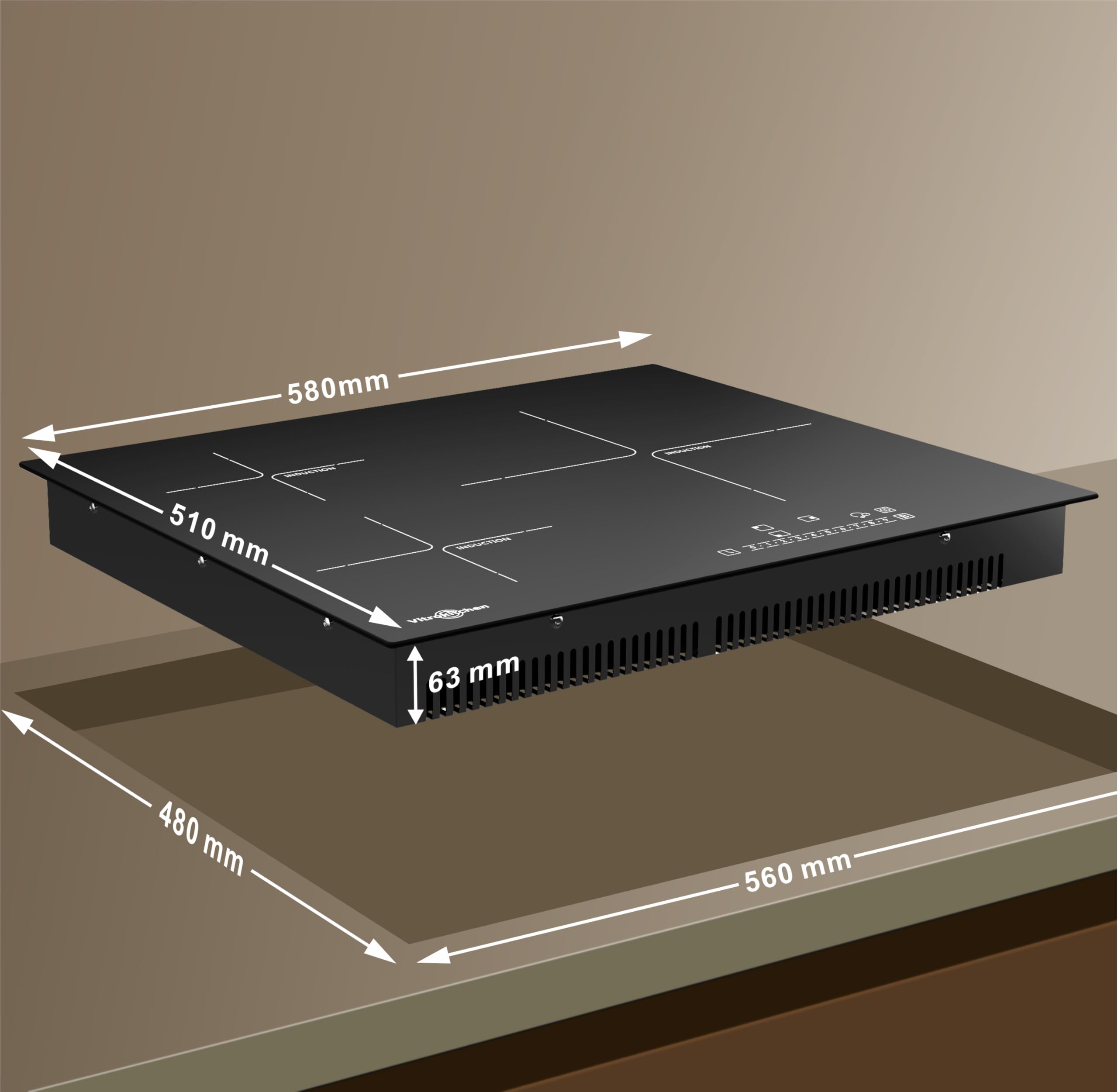 Vitrokitchen Placa de Inducción 3 Fuegos 60cm IND630N, Zona EXTRA GRANDE 32cm, 3 zonas, 9 Niveles de Potencia, 7000W, Indicador Calor Residual, Bloqueo de Seguridad Niños.