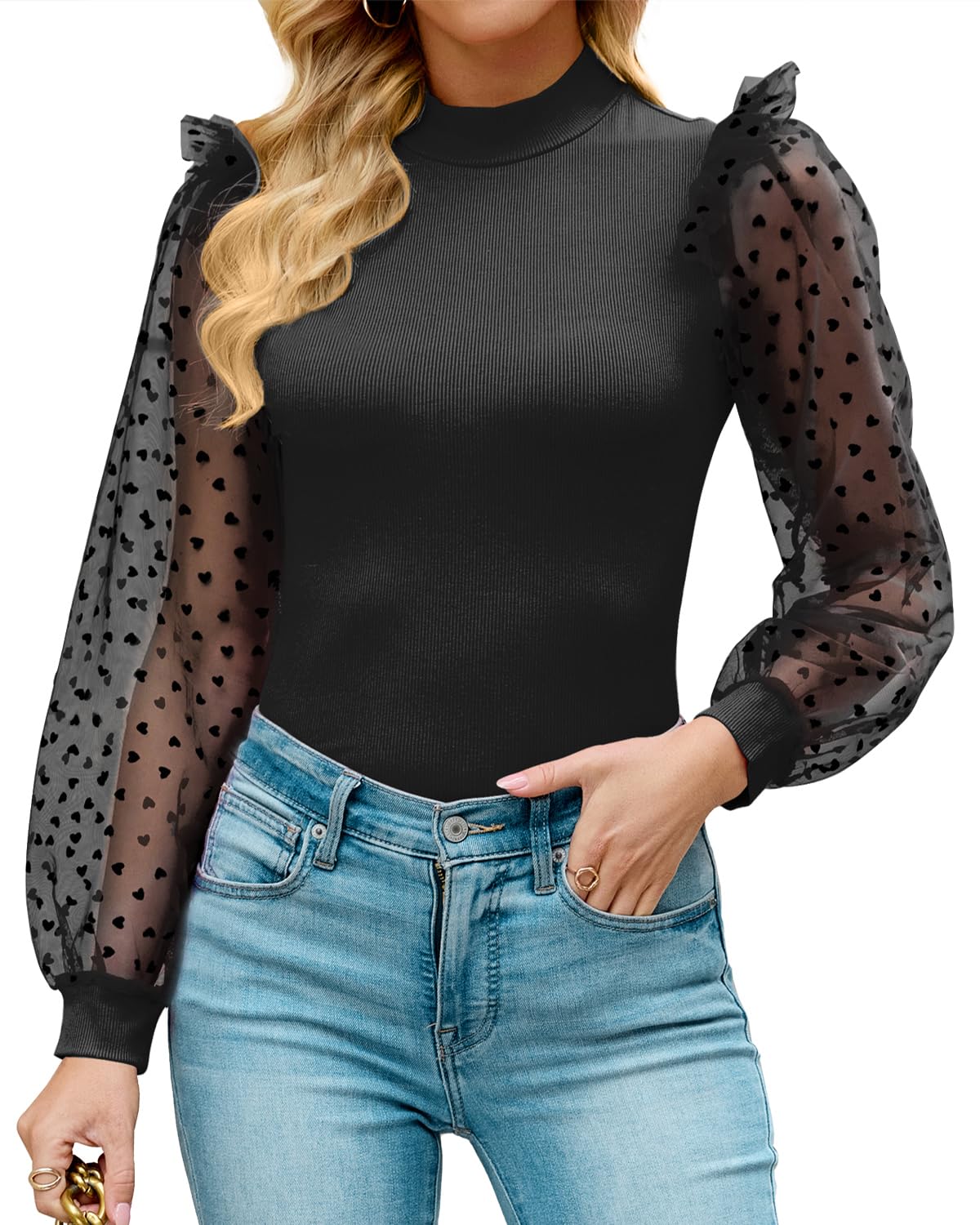 waymaker Women's Mock Turtle Neck Polka Dot Sheer Mesh Puff Long Sleeve Bodysuit Blouses Tops Shirts-picture-40