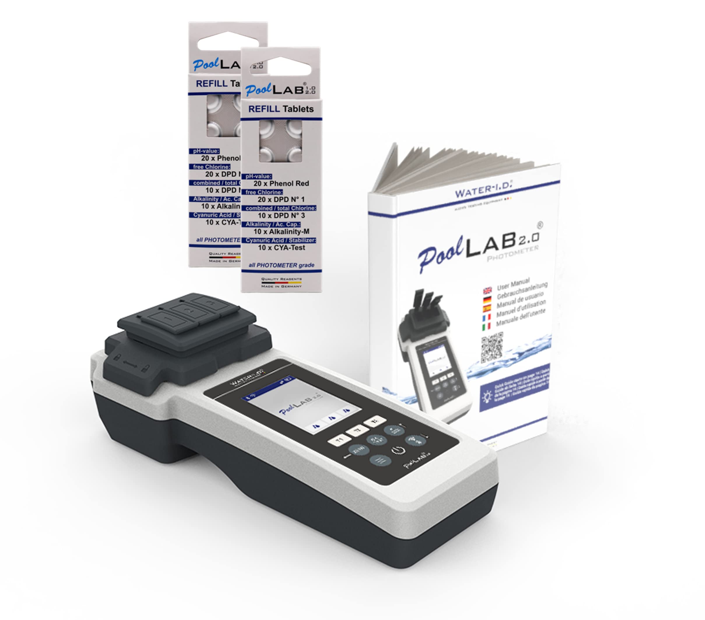 Water-i.d. WATER TESTING EQUIPMENT PoolLab 2.0 con 70 pastillas de reactivo - Edición especial para MediMuc - 24 parámetros - Aplicación - Software - Medición de hasta 3 parámetros en una prueba (2.0