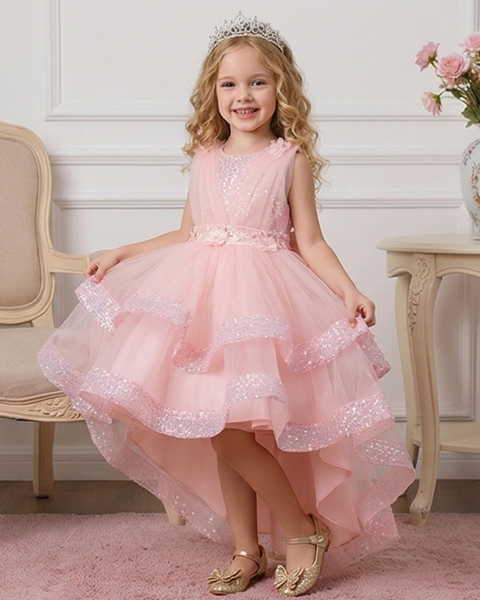 IBAKOM Abito da ragazza floreale elegante: abito estivo senza maniche in tulle, con paillette, abito da principessa per matrimonio, compleanno, festa