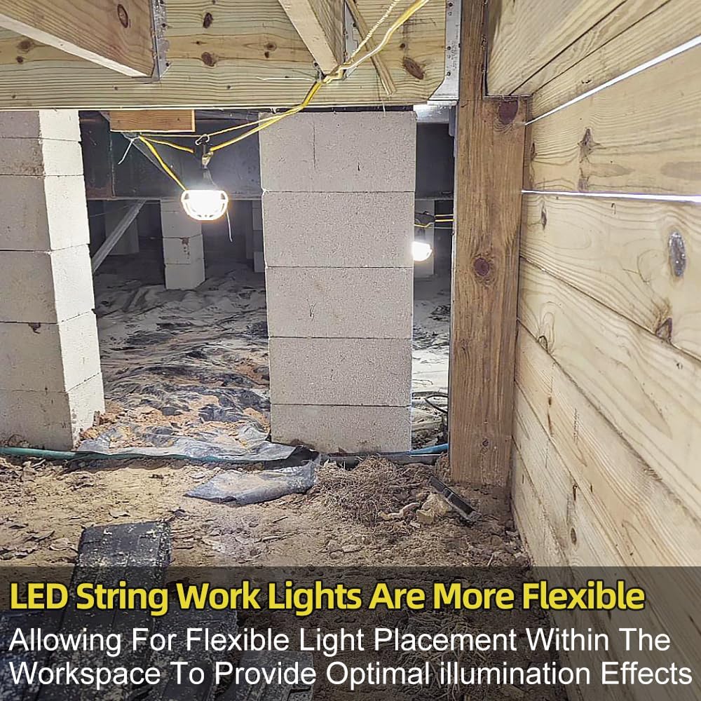 Owleye 50FT Construction String Lights, 85W 8000ML Led String Work Light, Temporary Utility Rope Lighting, 120V, 6 Bulbs, 1 Pack for Crawl Space, Basement
