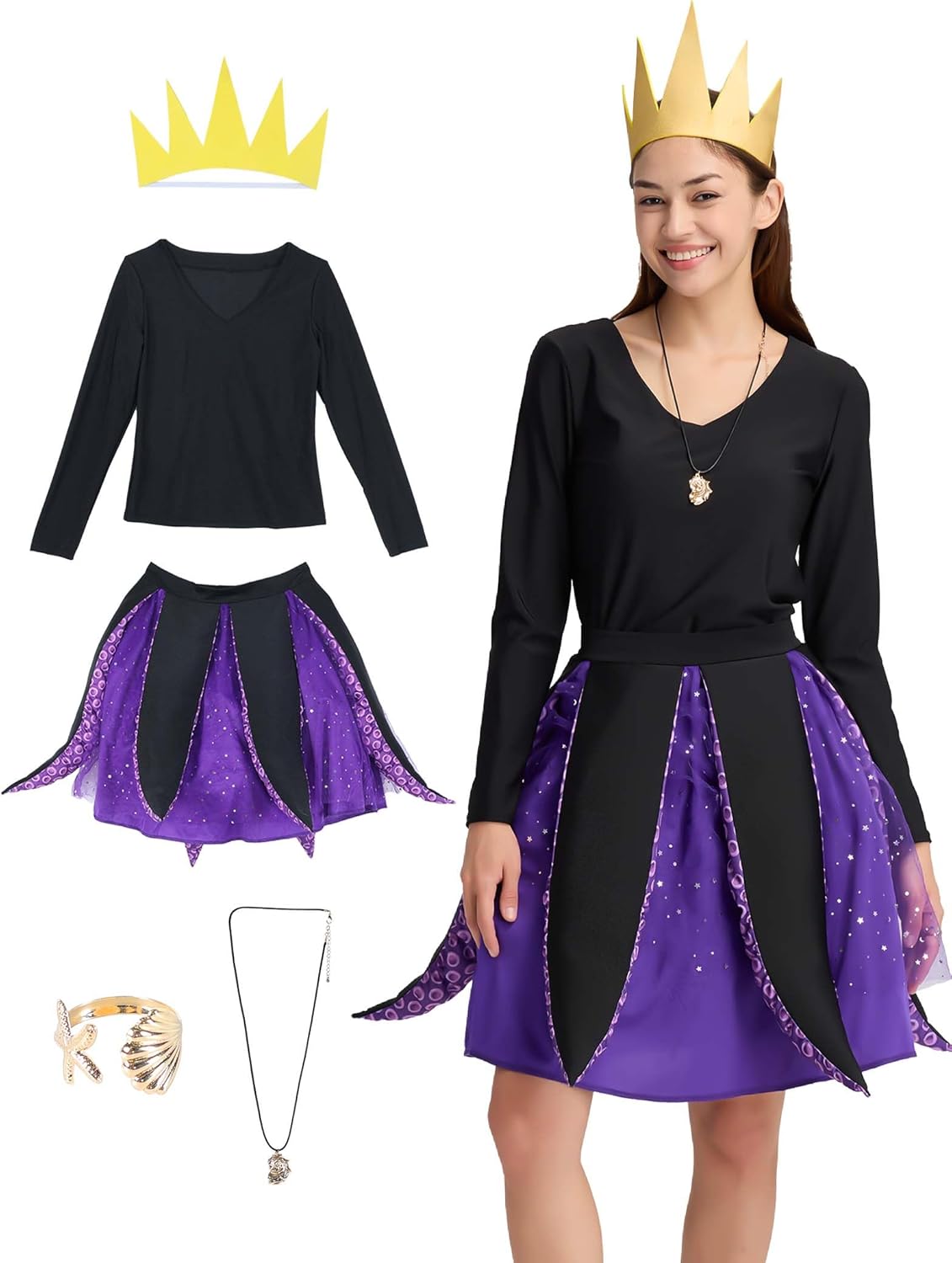 Octopus Costumes Adult Women Halloween Purple Skirt 5PCS Deluxe Tentacle Suit Cosplay Party Sea Witch Outfit Unisex Large