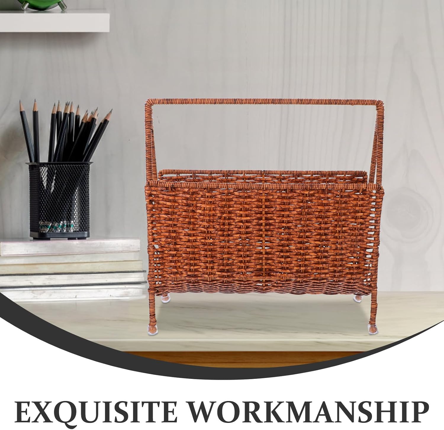 Woven Rattan Magazine Holder Basket Standing Storage Rack Hand-woven Sundries Organizer for Living Room Office Bathroom