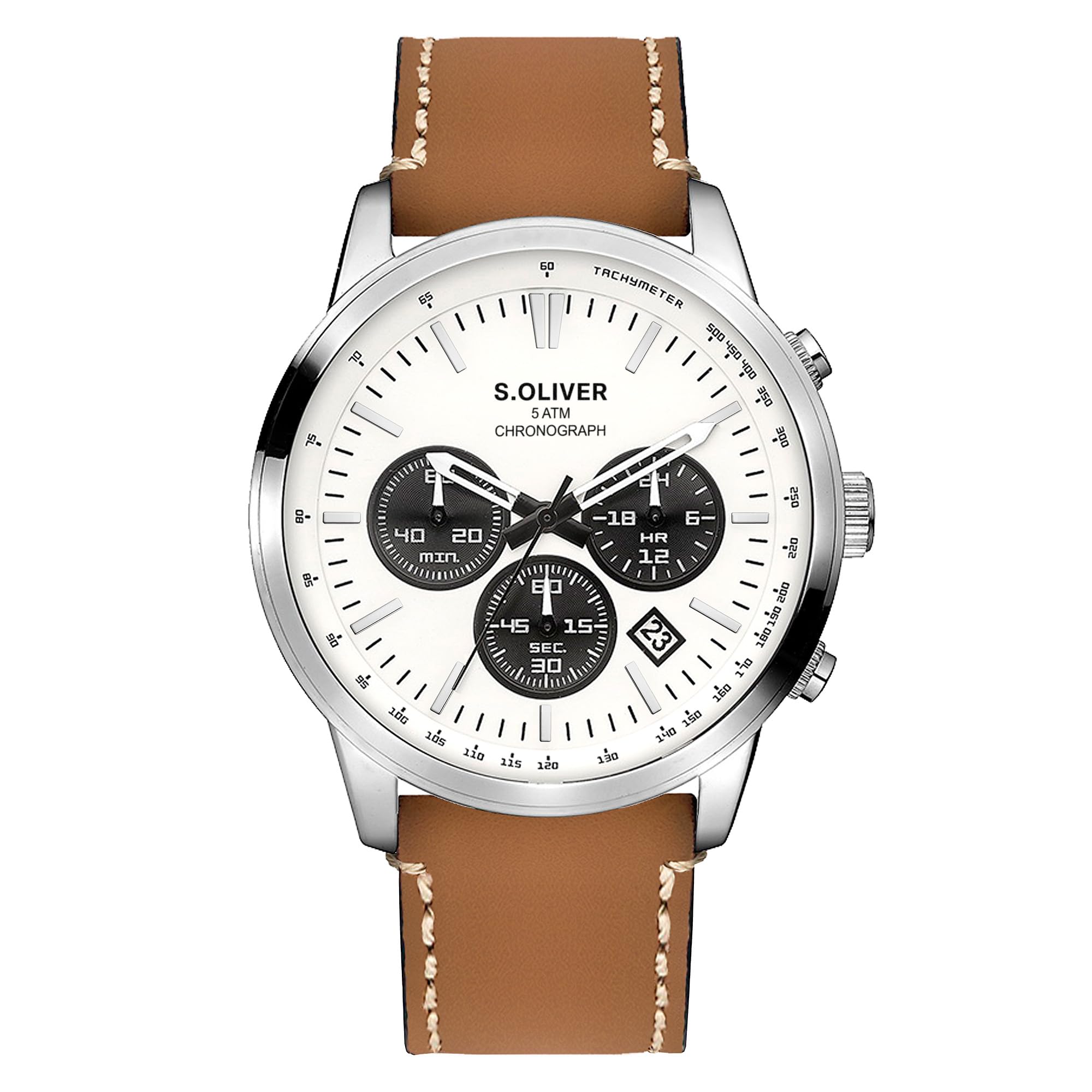 s.Oliver Men's Watch – Round – Silver – 44 mm – Metal Watch with Quartz Movement on Faux Leather Strap with Pin Buckle – Analogue Watch – 5 ATM Waterproof – Scratch-Resistant