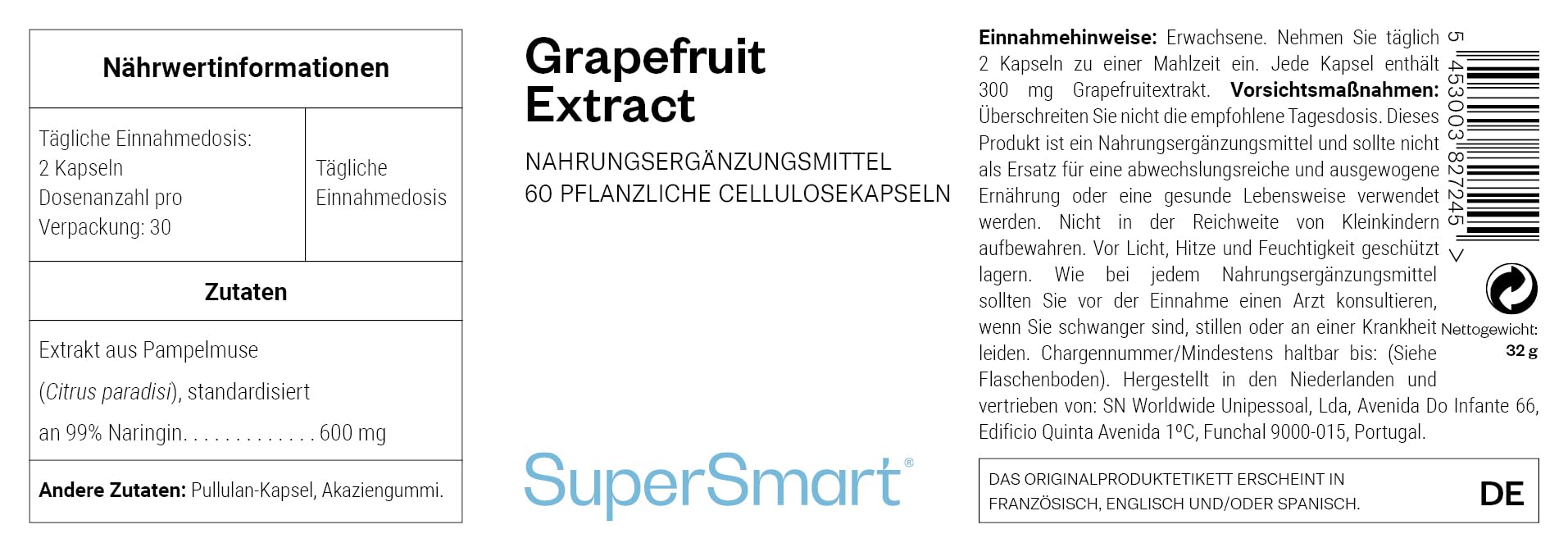 SuperSmart – Grapefruit-Extrakt aus der Schale – Standardisiert auf 99 % Naringin – Vegan – Glutenfrei – 60 Kapseln