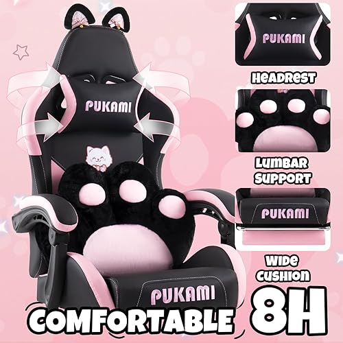 Miniatura 4 de Silla de juegos negra con orejas de gato y cojín lumbar de pata de gato, bonita silla ergonómica de escritorio para computadora con reposapiés y
