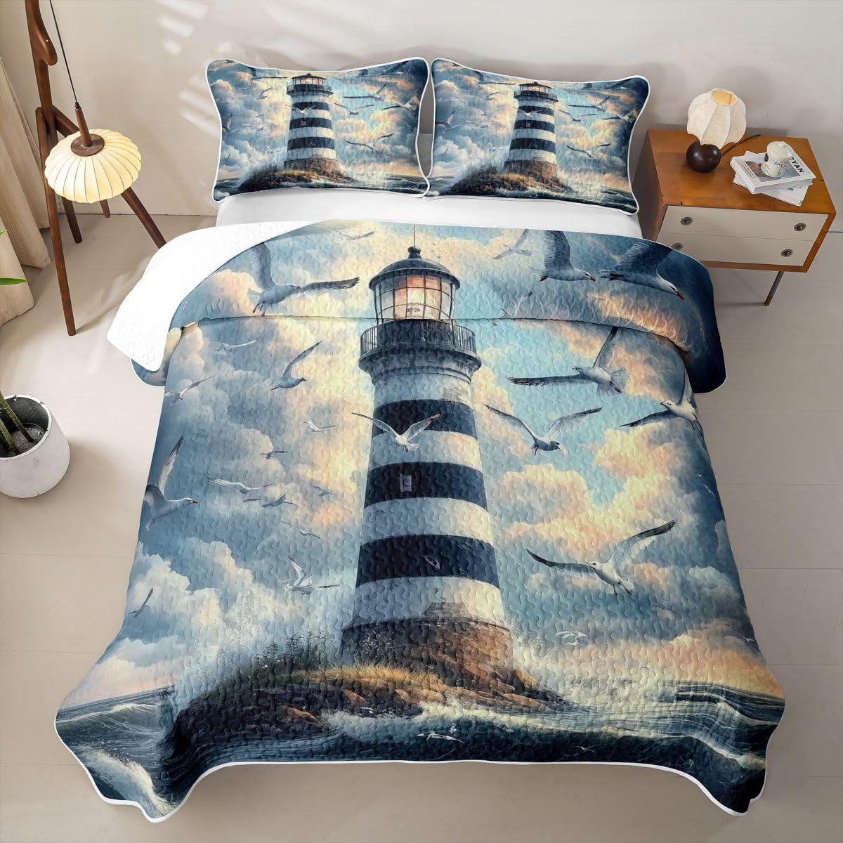 Feelyou Lighthouse Quilt Set for All Season Seagull Ocean Sea Bedspread Queen Size for Kids Boys Girls Coastal Beach Quilted Bedding with 2 Pillowcases Coverlet Set Soft