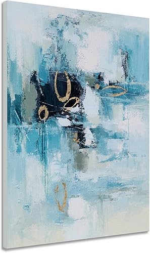 YHSKY ARTS Lienzo abstracto para pared con lámina dorada, pinturas de color verde azulado pintadas a mano, obra de arte vertical para sala de estar,