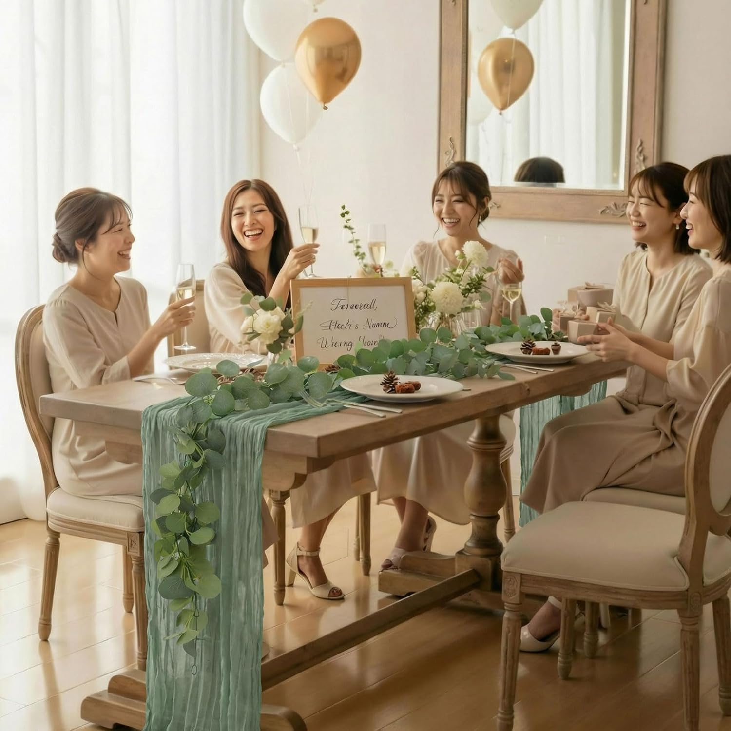 Leinuosen 8 Sets 10 Ft Sage Green Cheesecloth Table Runner Easter Spring Decor with 6 Ft Eucalyptus Garland, Boho Gauze Table Centerpiece Runner for Wedding Baby Shower Birthday Party Decor
