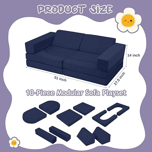 Miniatura 66 de MeMoreCool Sofá infantil para sala de juegos, sofá modular de 10 piezas, sofá convertible de pana, juego de construcción de fuerte de espuma para