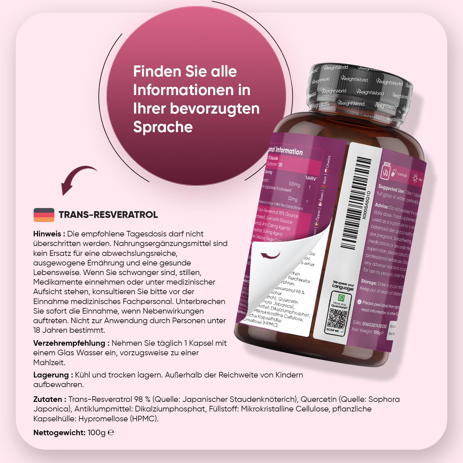 Trans - Resveratrol mit Quercetin 550 mg - 98% Reinheit aus japanischem Knöterich - 4 Monate Vorrat - 120 vegane Kapseln - 1 Kapsel Täglich - Frei von Magnesiumstearat - WeightWorld | 550 mg Trans Resveratrol 98% und Quercetin-Komplex, japanisches Polygon