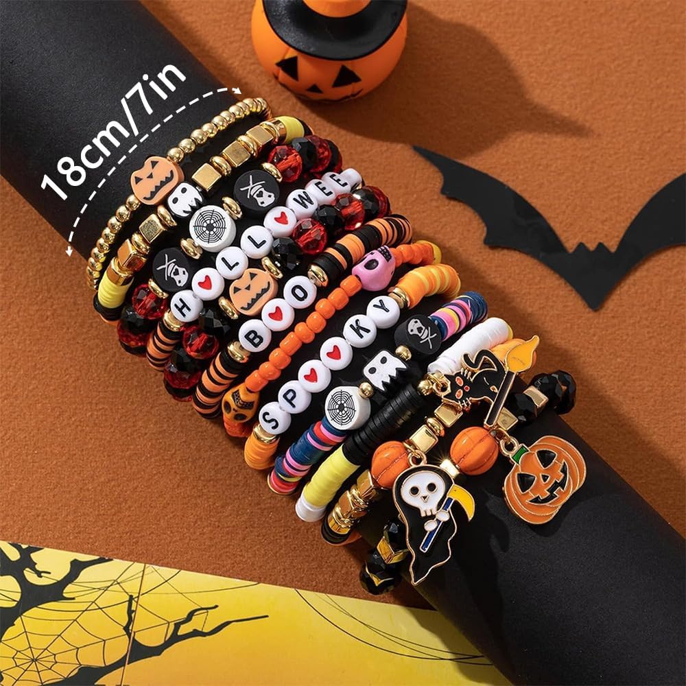 Halloween Pumpkin Beaded Bracelet Stackable Layered Ghost Cat Skull Bat Stretch Bracelet Elastic Colorful Heishi Clay Bead Bracelets Charms for Women Jewelry - Image 7