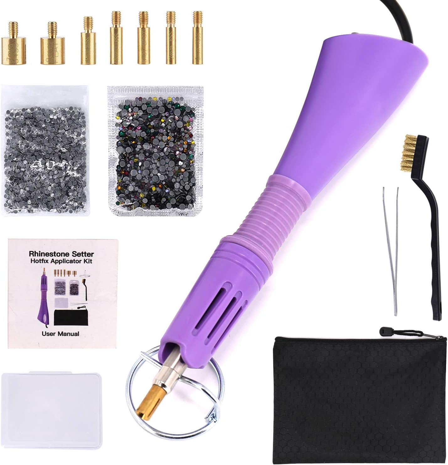 WAMTHUS Hotfix, DIY Applicator Wand Setter Tool 7 Different Sizes Tips, Tweezers & Brush Cleaning kit and 2 Pack Hot-Fix Crystal Rhinestones (1440 Stones/Each), Purple