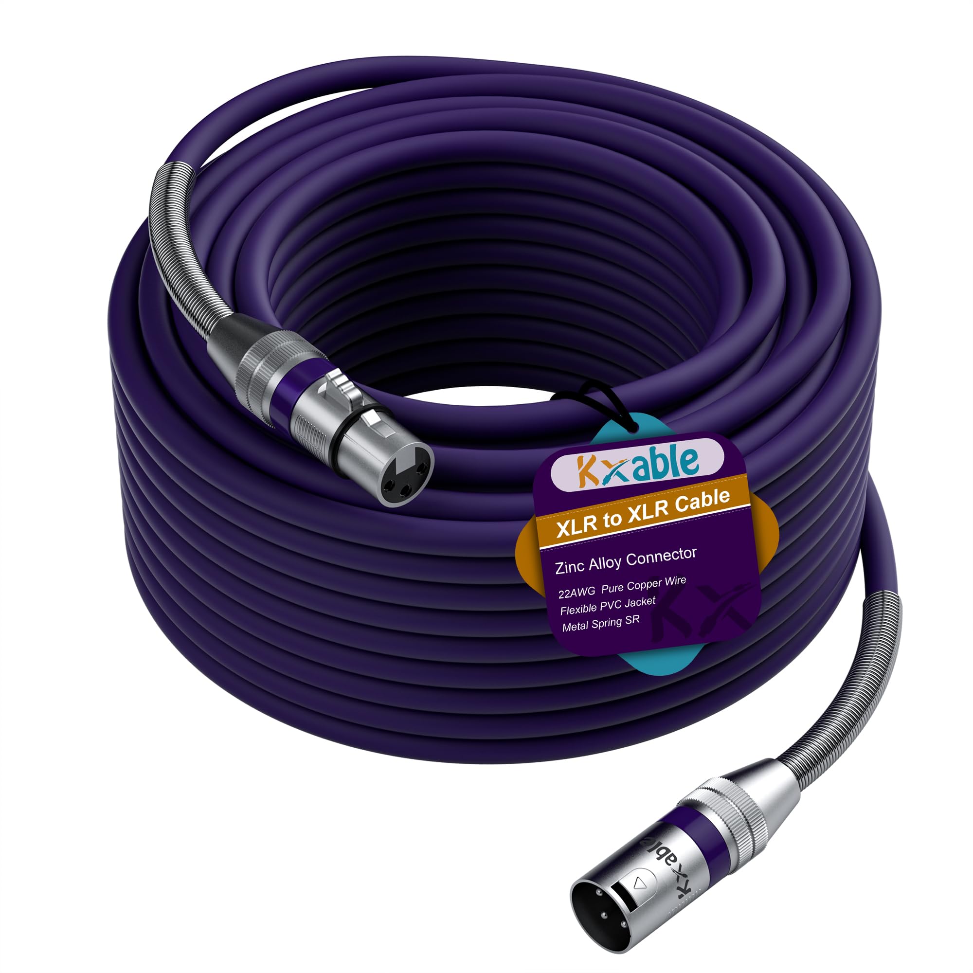 XLR Microphone Cable 150 FT, XLR Male to Female Balanced Mic Cable, 3-Pin Shielded Speaker Cord, Zinc Alloy Connectors, 22AWG Pure Copper, Metal Spring SR, Recording Studio, Podcast, Purple