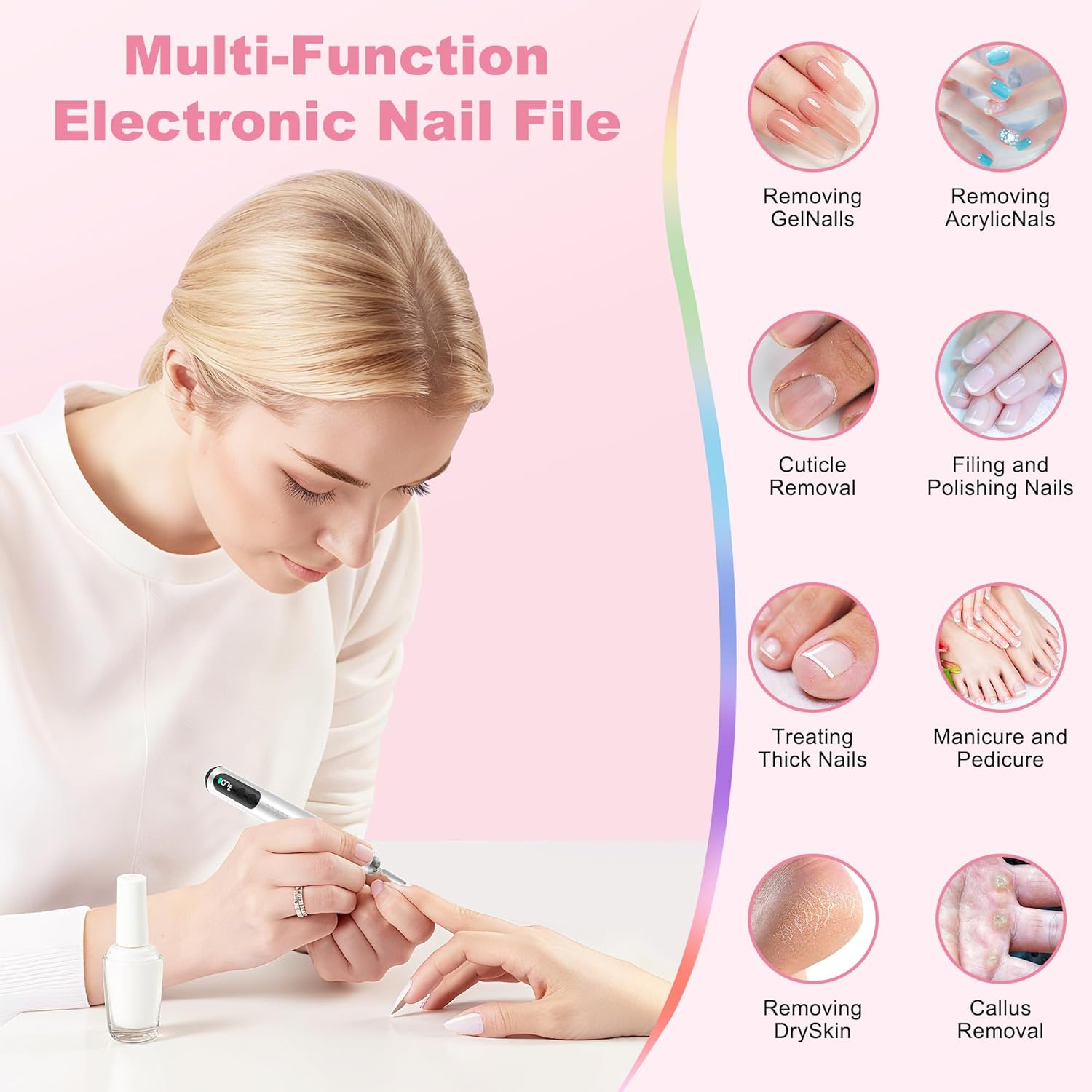 Image showing a woman using the HEBECA electric nail drill on her nails, surrounded by icons illustrating various functions: removing gel nails, removing acrylic nails, cuticle removal, filing and polishing nails, treating thick nails, manicure and pedicure, removing dry skin, and callus removal.