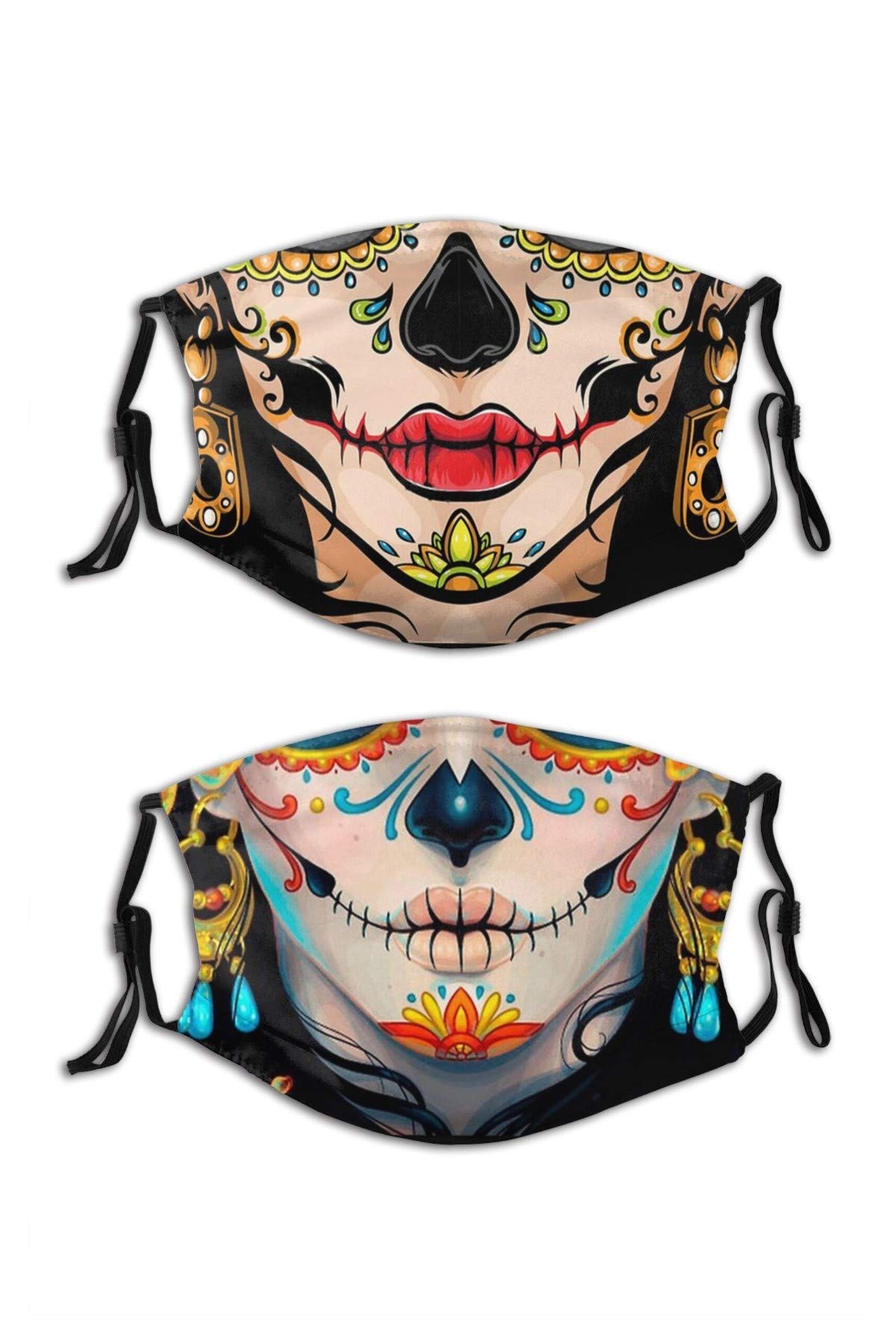 FABE2PCS Candy Skull Mask Face Mask Comfortable Reusable Adjustable Balaclava with 4 Filters for Men and Women Black