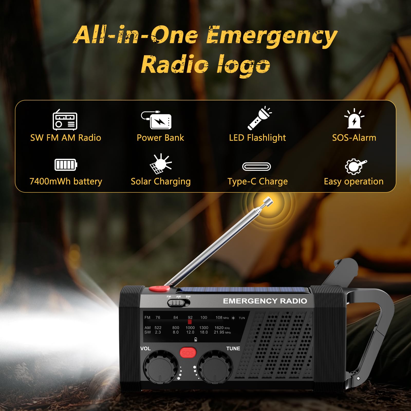 Radio de Emergencia Portátil, Radio Solar y a Pilas, Radios Emergencia con Manivela, Radio Dinamo Am/FM/SW, Linterna y Alarma SOS, Ideal para Kit de Supervivencia y Camping (7400 mWh