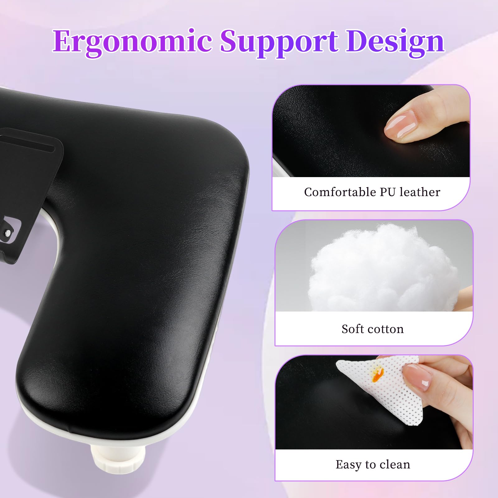 Reposabrazos para manicura con soporte giratorio para teléfono para técnicos de uñas, reposamanos ajustable en forma de U para uñas, cuero PU, Apoyos para las manos (Negro)