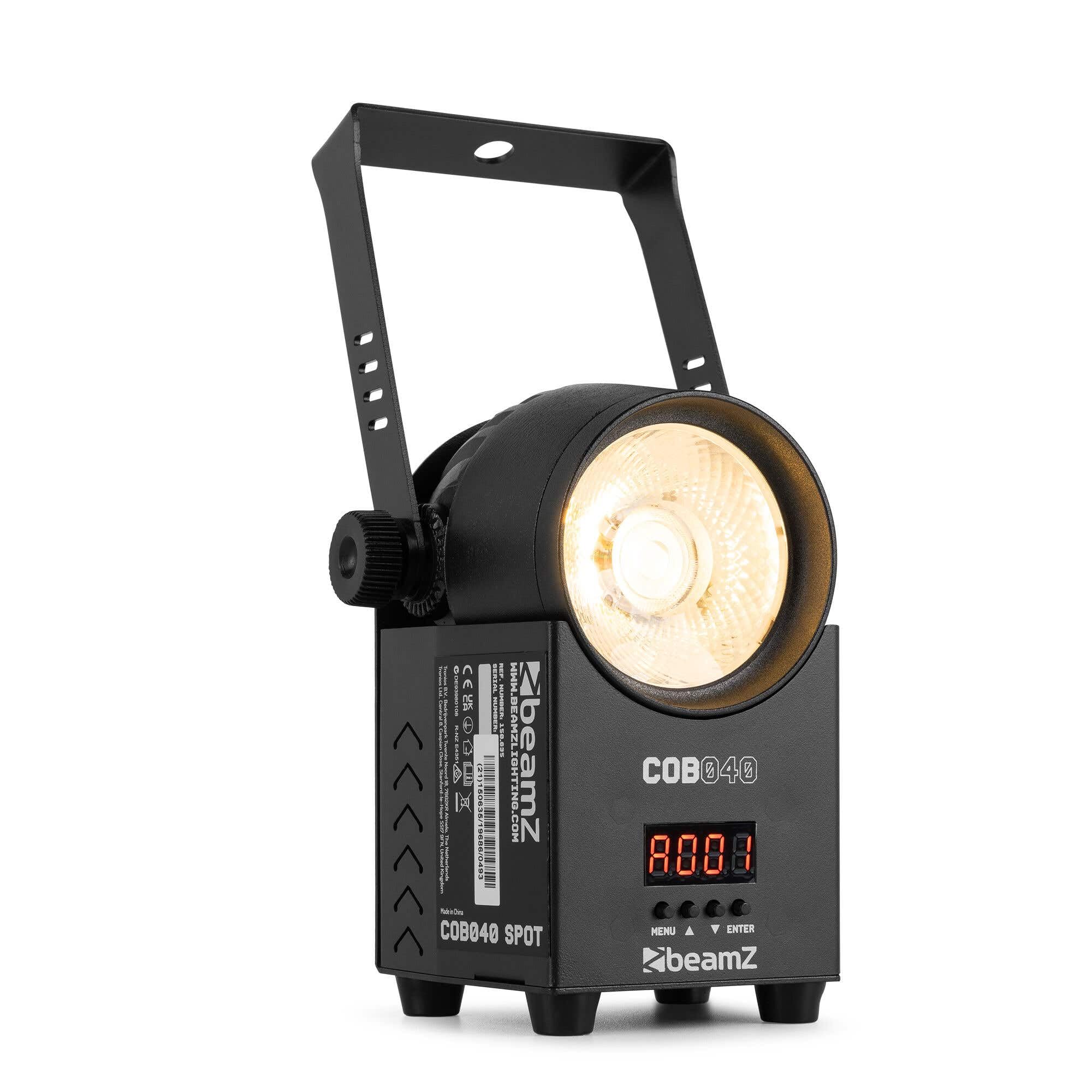 Beamz Black Cob040 40W Cob Led Stage Spot Light With Dmx, Ww/Cw Mixing, 20° Beam, Strobe And Electronic Dimming, Sound Mode, Xlr Input/Output,
