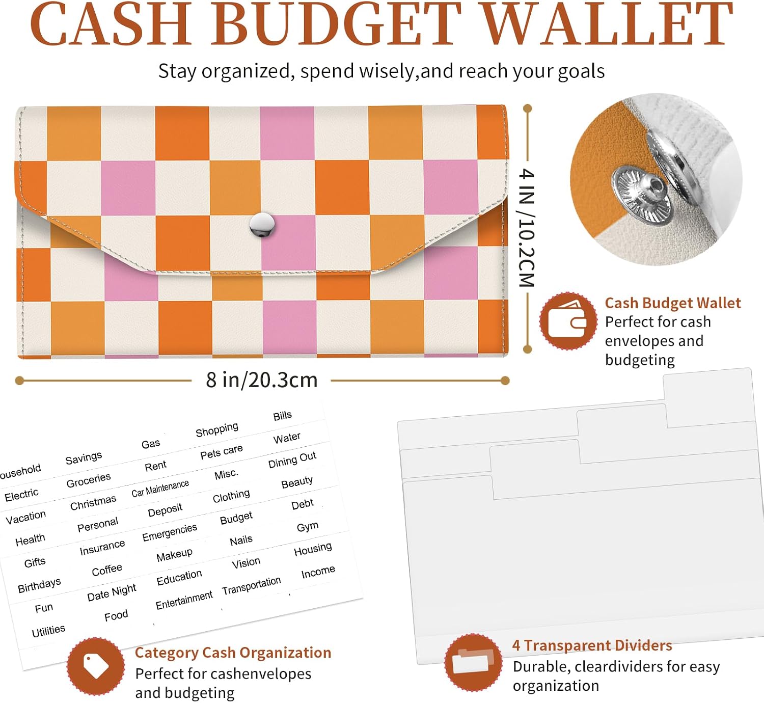 Cash Wallet & Money Envelopes for Cash, Reusable Leather Money Saving Envelop with Snap Closure and 4 Dividers & 1 Category Stickers, Cute Envelop Wallet for Women and Men Orange Checkered image 2