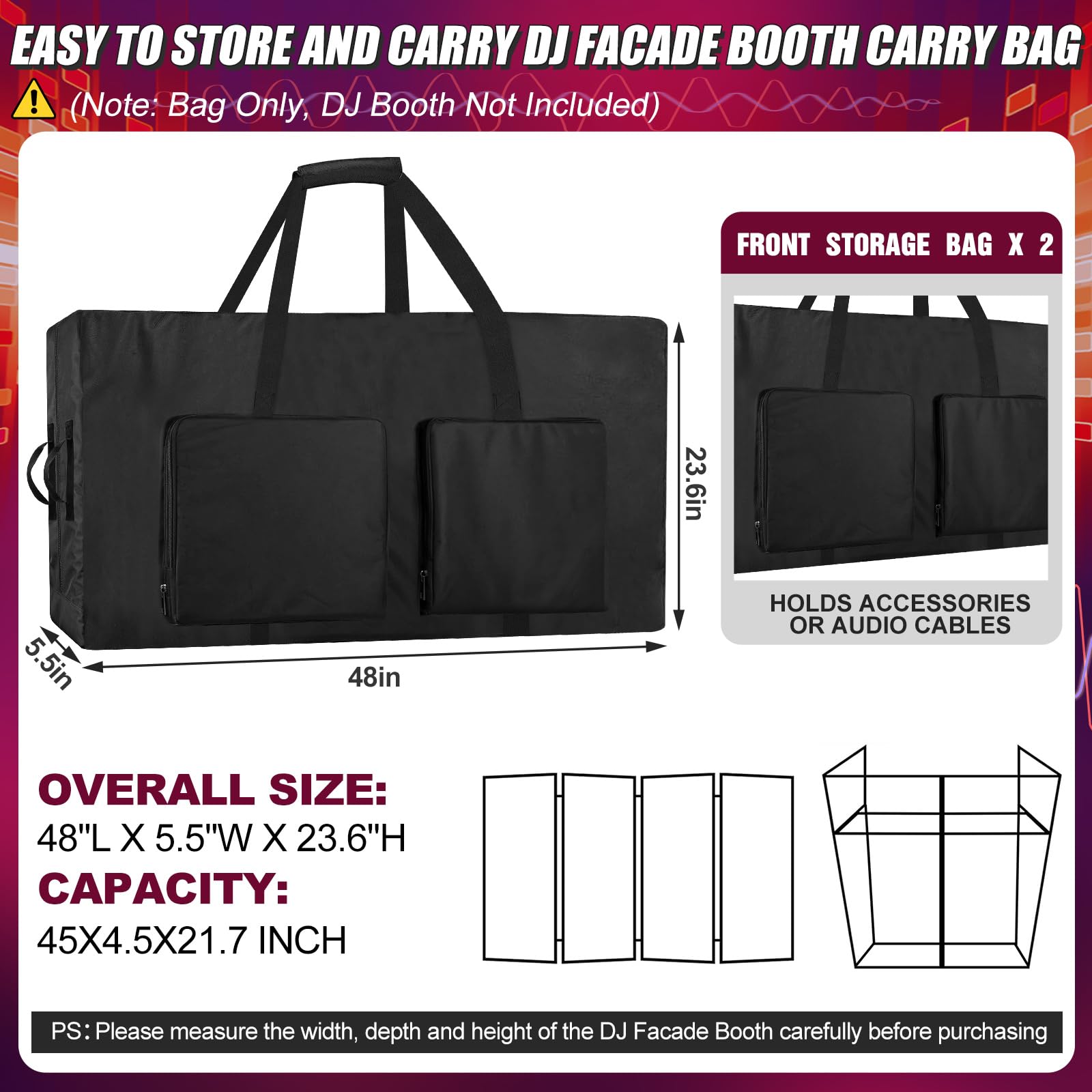 Heavy Duty DJ Facade Booth Carry Bag [opzioni di trasporto multiple+grandi tasche] 121,9 x 14 x 59,9 cm per DJ portatile stand tavolo nero (solo borsa)