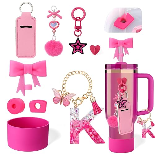 AIERSA 9PCS Cup Accessories Set for Stanley Cup 30oz 40oz Tumbler with Handle, Including Bow Straw Topper Cover Cap and Boot, Spill Proof Stopper, Initials Letter Charms for Handle, Pink Keychain (K)
