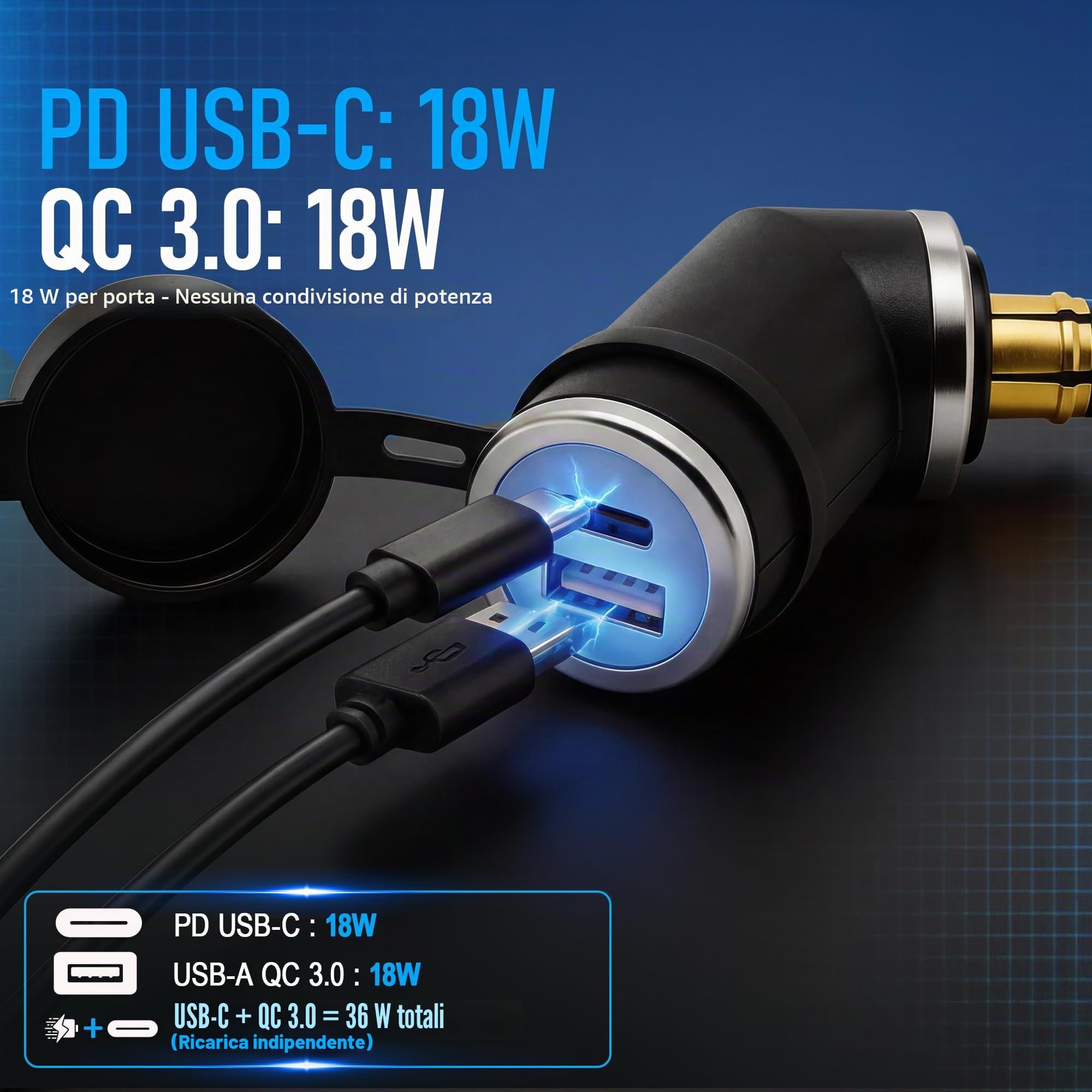 Cliff Top Caricatore USB DIN 36W PD USB-C e QC 3.0 Adattatore USB per presa DIN, compatibile con moto BMW Ducati Triumph (angolo corto)