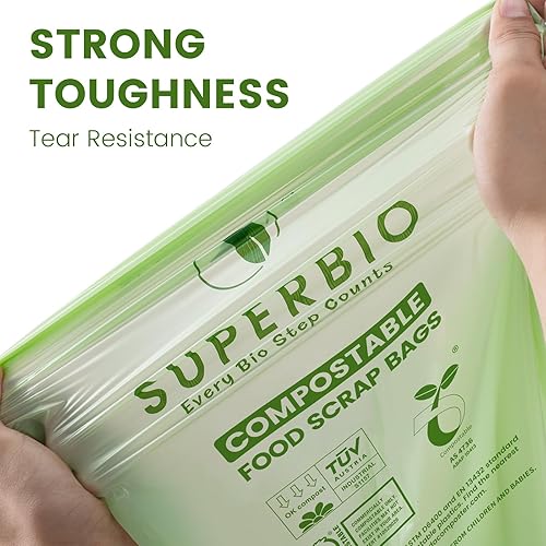 Miniatura 3 de SUPERBIO 1.6 Gallon Compostable Handle Tie Garbage Bags, Small Trash Bags With Handles for Countertop Bin US BPI & Europe OK Compost Certified