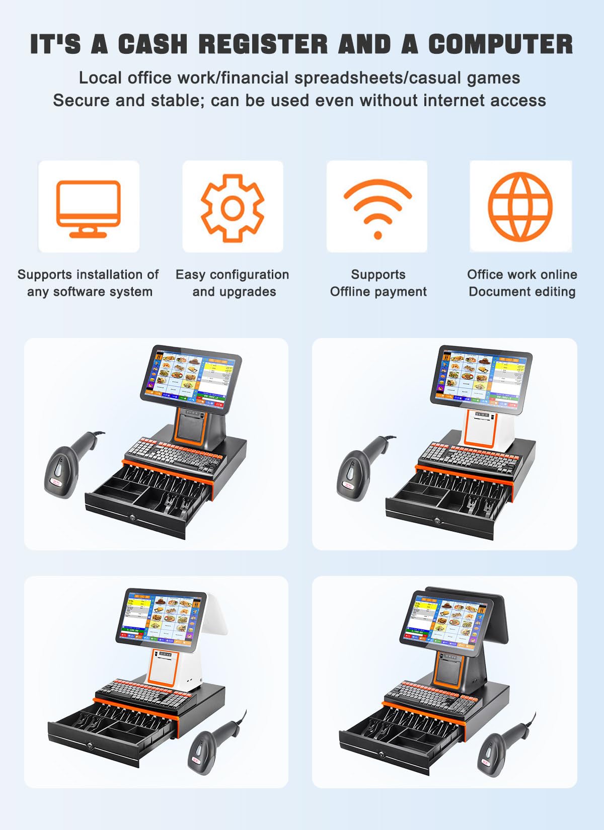 Caja registradora inteligente todo en uno con pantalla táctil LCD de 15.6 pulgadas e impresora de recibos integrada, compatible con 30 idiomas, para comercios, restaurantes y sistemas TPV black-B